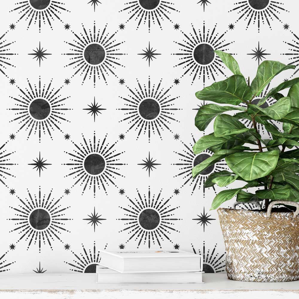 sunbright allover wall stencil pattern sun design celestial wall pattern entryway stencil