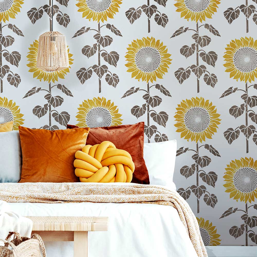 sunflower stencil painted wall 