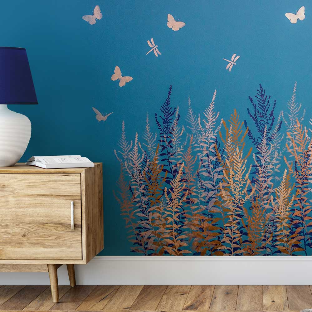 sunny goldenrod wall stencil on blue