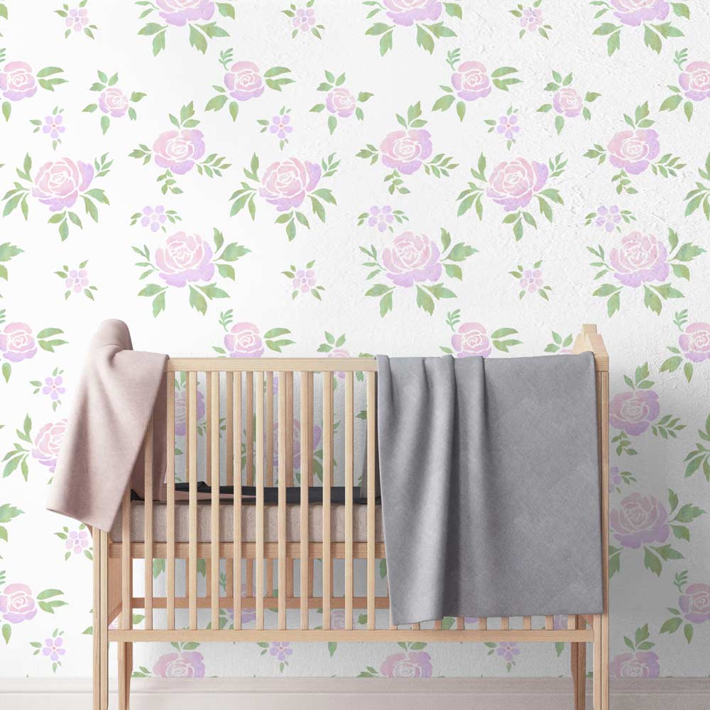 sweet roses floral wall stencil in nursery