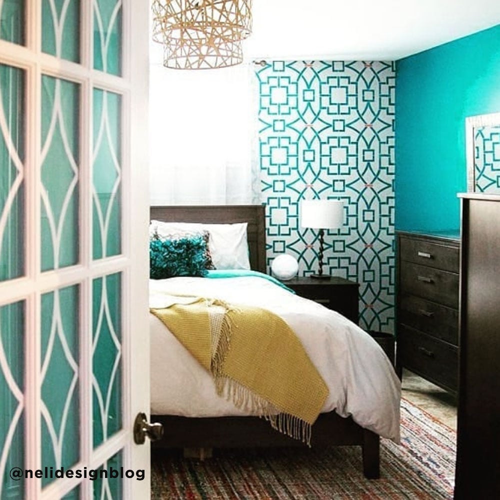 turquoise stenciled wall