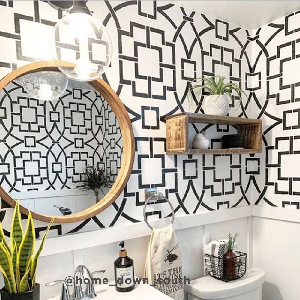 stenciled trellis bathroom wall