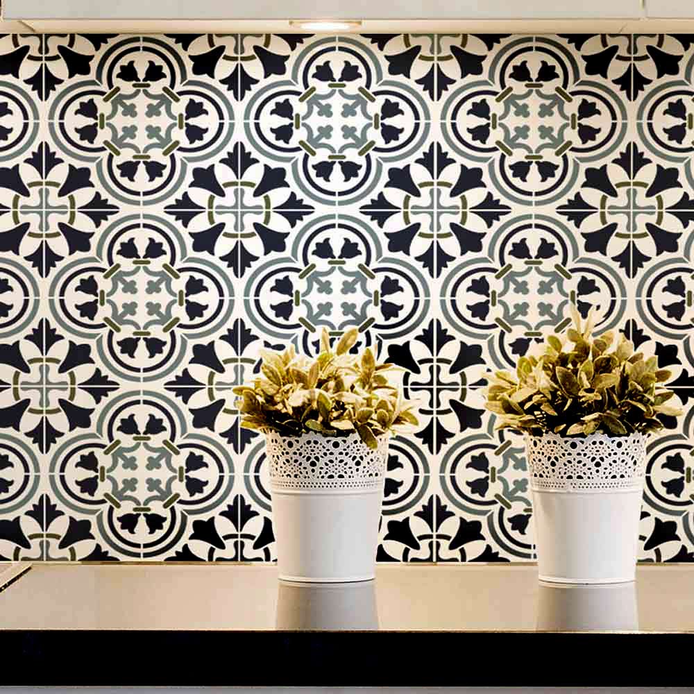 Tile stenciled backsplash grey spanish tiles