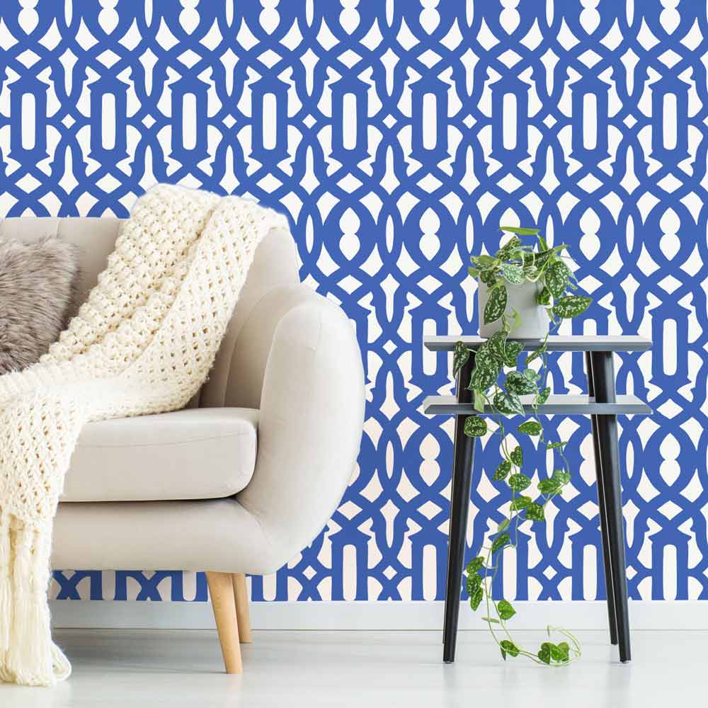 Trellis Wall stencil blue wall