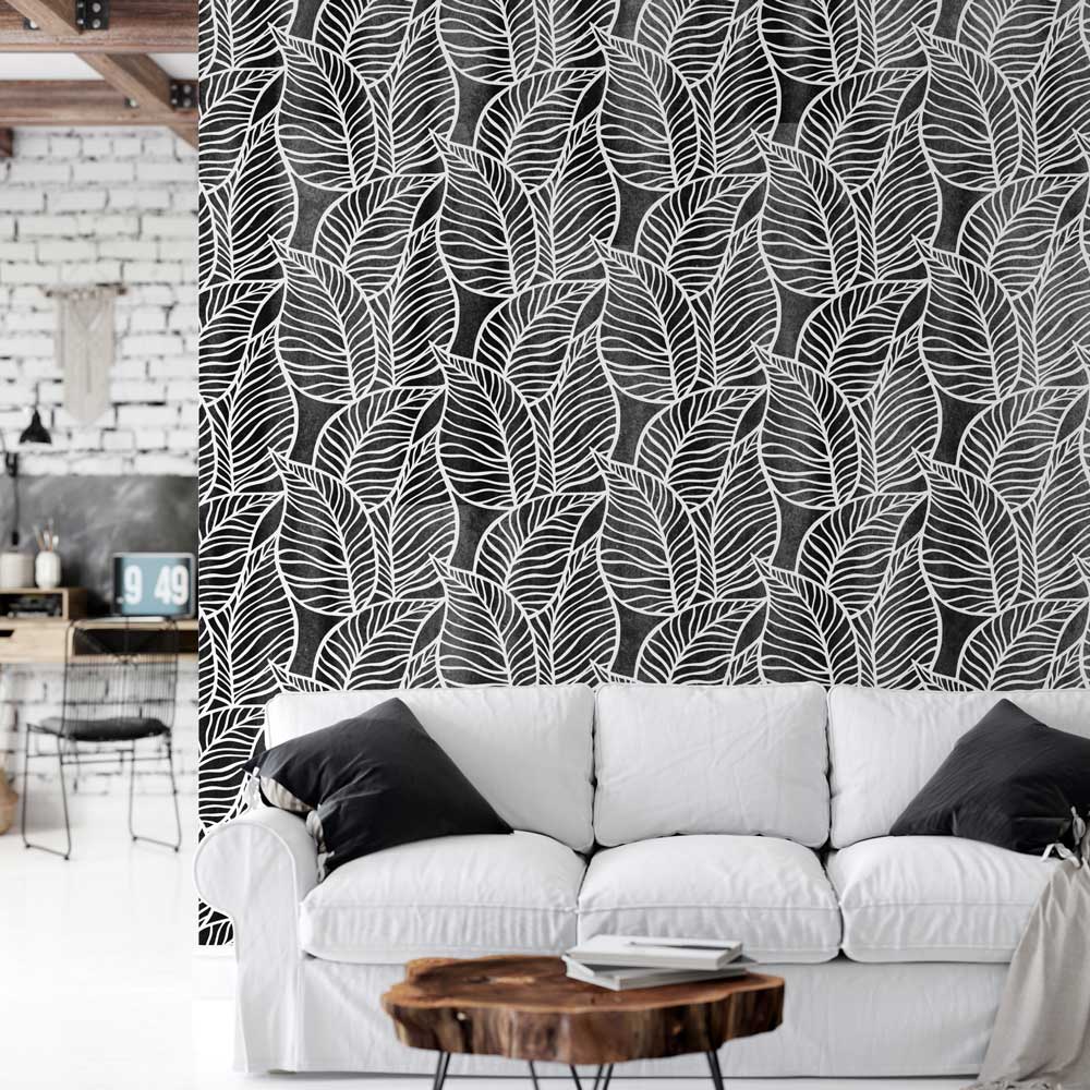 tropical leaf wallpaper pattern black and white wall design