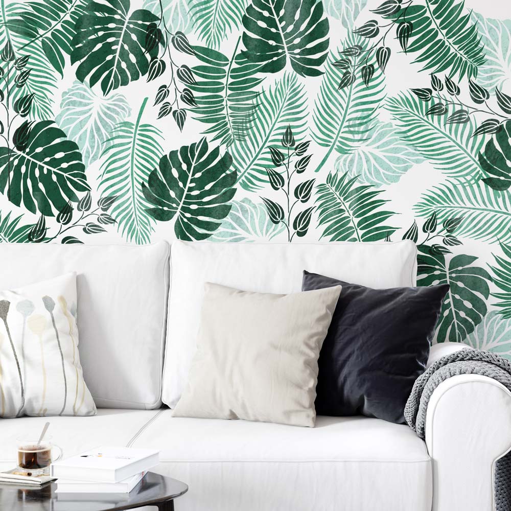 green tropical leaf stencils kit living room wall