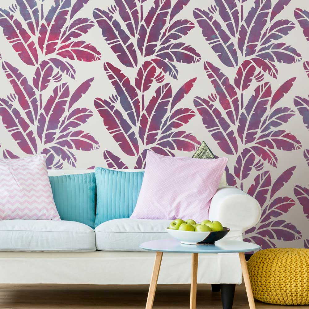 Vibrant Tropical Banana Leaf Stenciled Wall