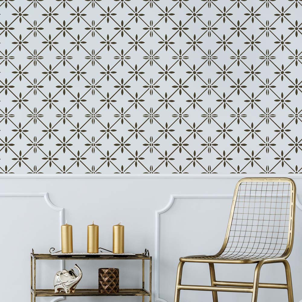 black and white stenciled  wall gold accessories