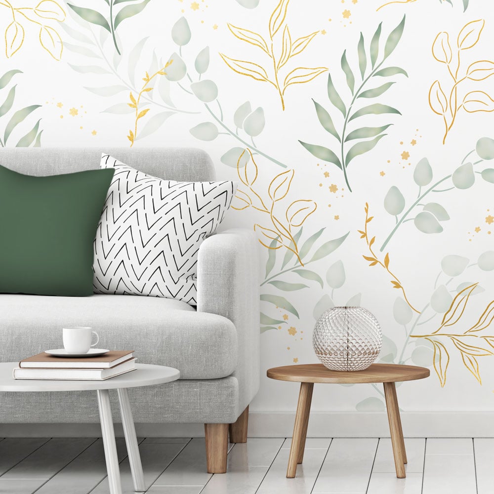 watercolor eucalyptus leaves wall kit green and gold wall stencil livingroom