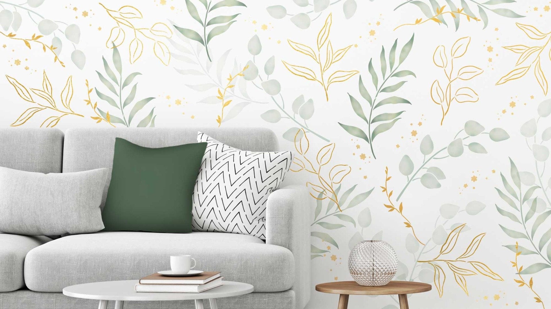 living room wall stencil green and gold watercolor eucalyptus wall pattern kit