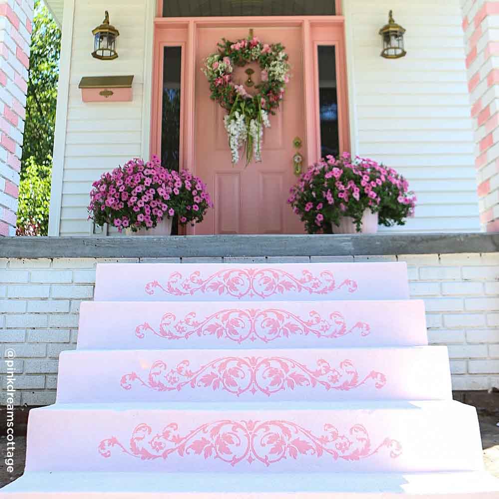 westbury stair riser stencil on pink steps