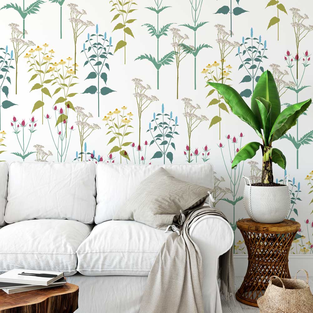 wild garden wall mural kit wall stencil living room stencil white couch colorful design