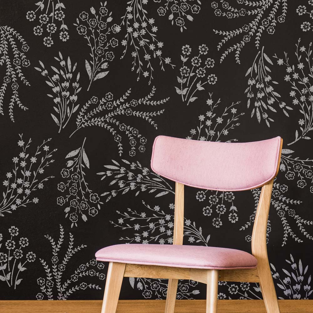 pink chair wild flower wall stencil