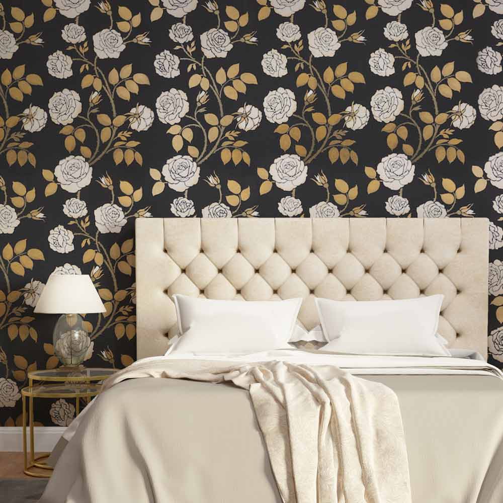 wild rose floral wall stencil pattern in white and gold 