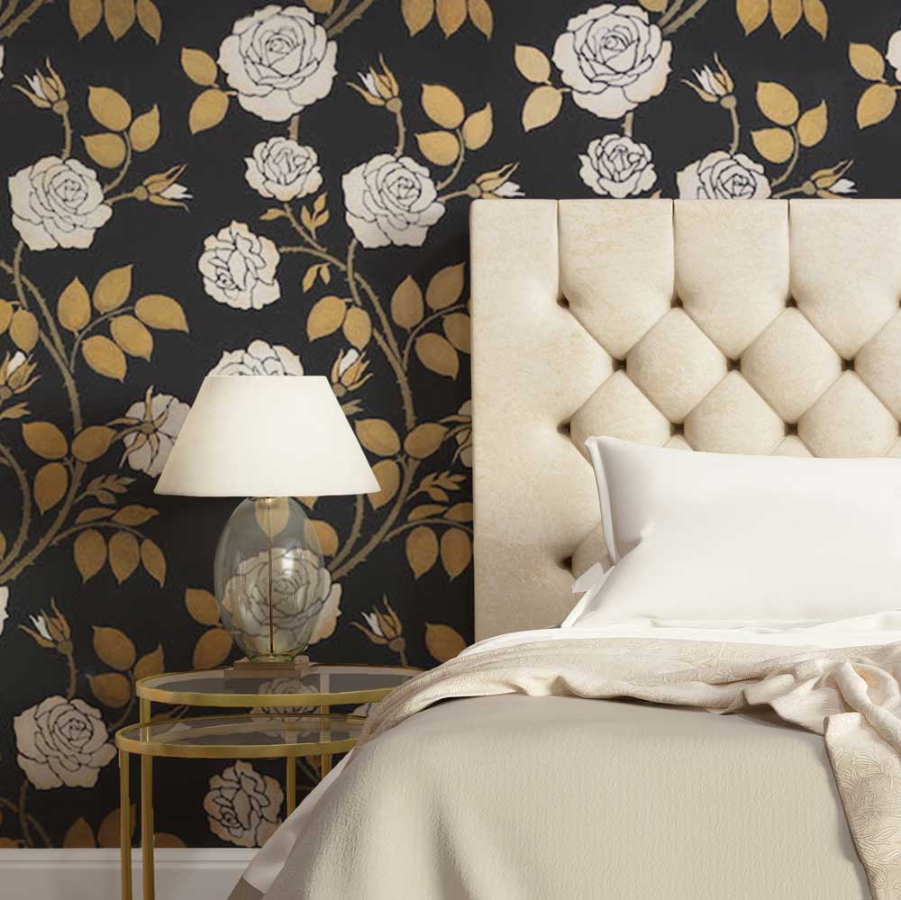 wild rose floral wall stencil pattern in bedroom 