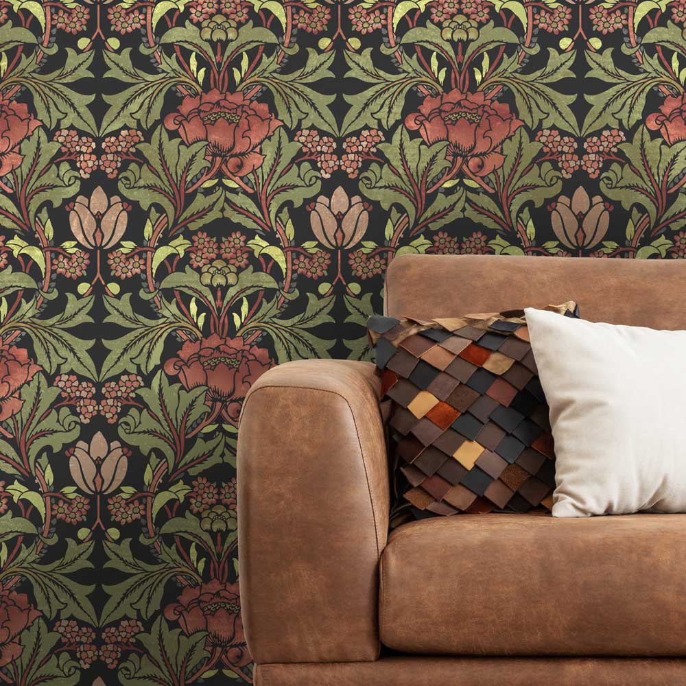 living room dark wall william morris acanthus wall stencil red flower