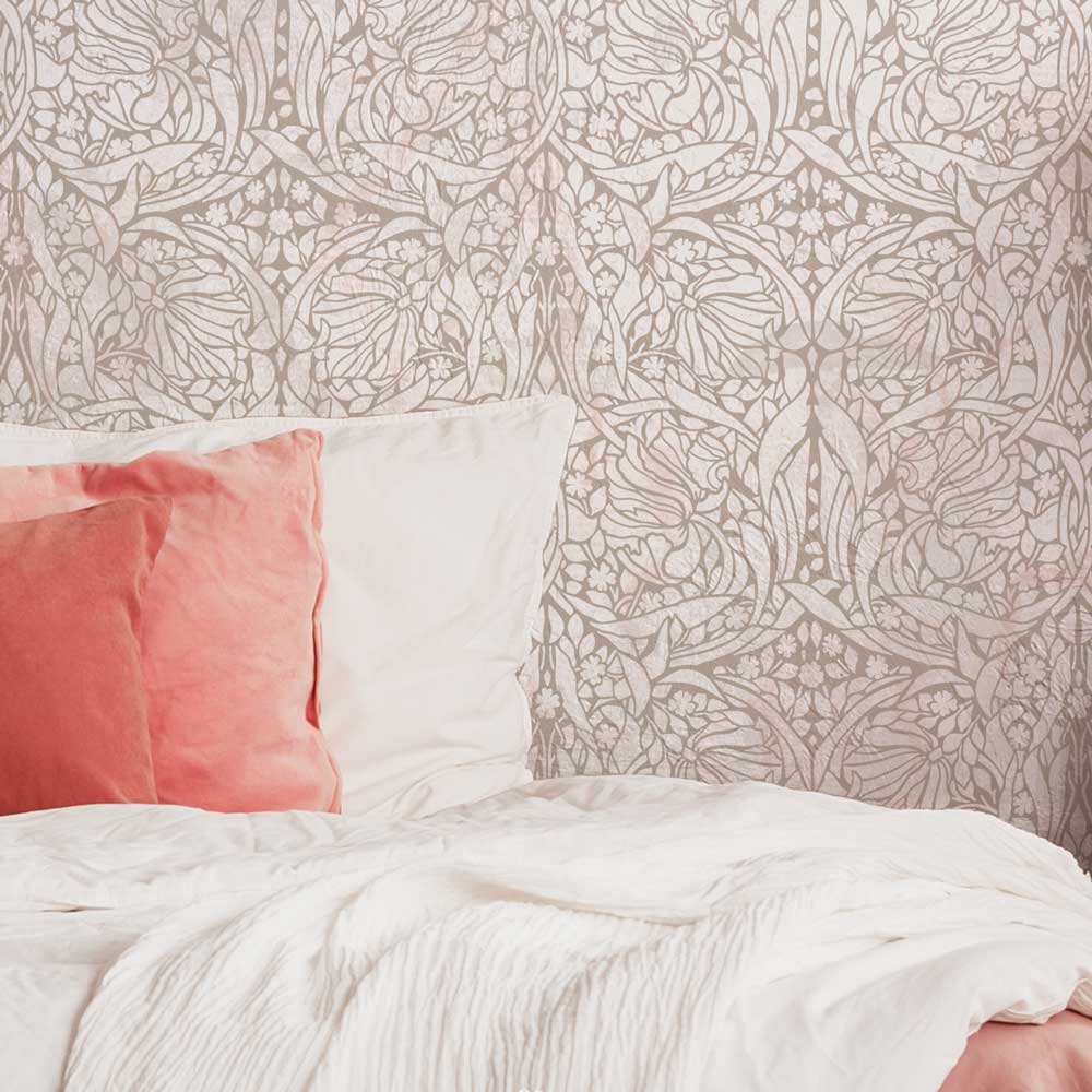 pimpernell wall stencil neutral  bedroom wall white bed