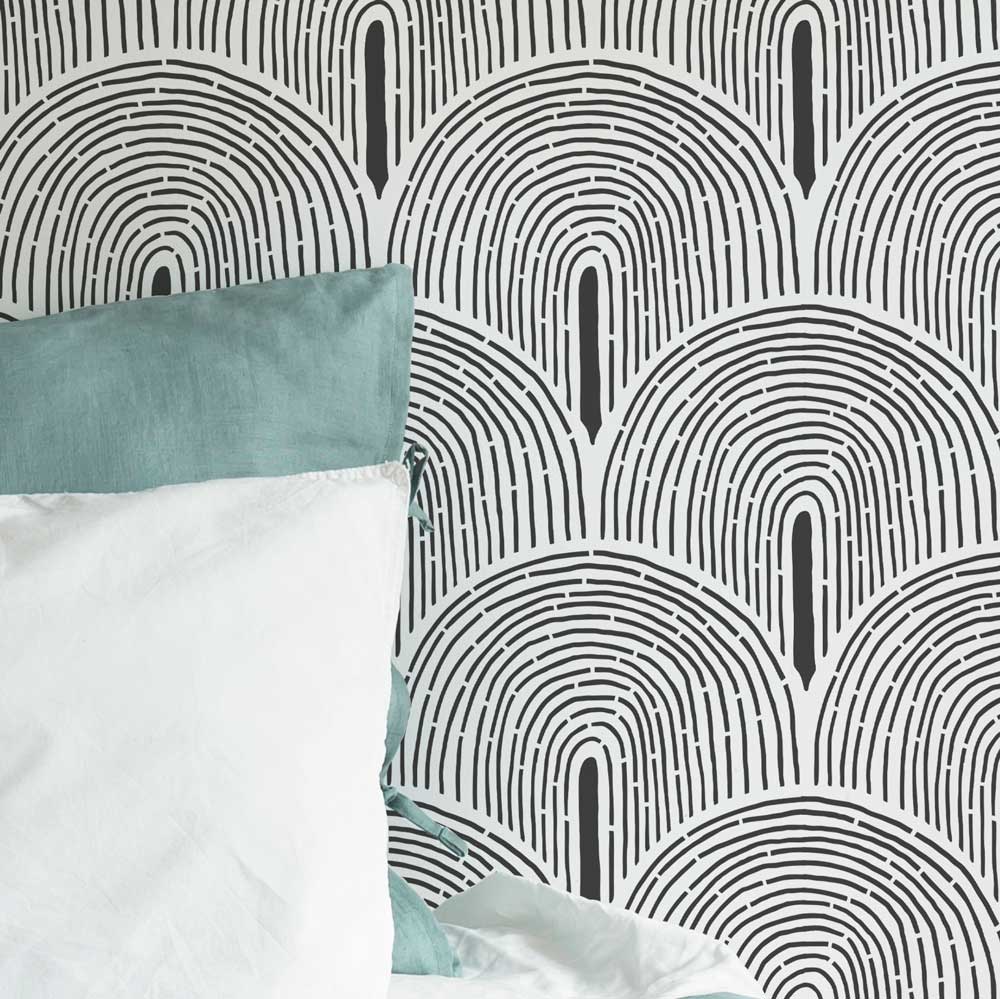 black and white bedroom wall willow arch wall stencil