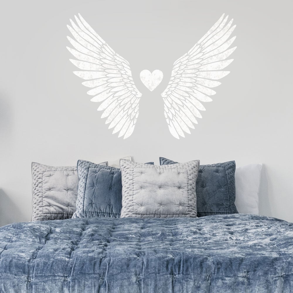 white angel wings stenciled bedroom stencil