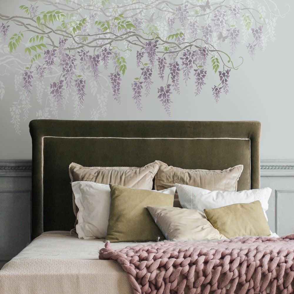 wisteria branch wall stencil purple flowers bedroom stencil design grey walls