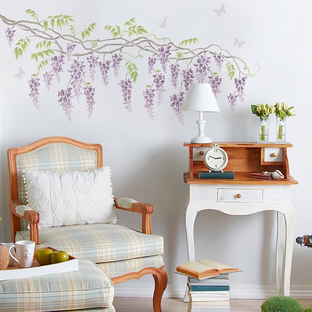 reading nook grey walls purple wisteria wall art stencil design butterflies