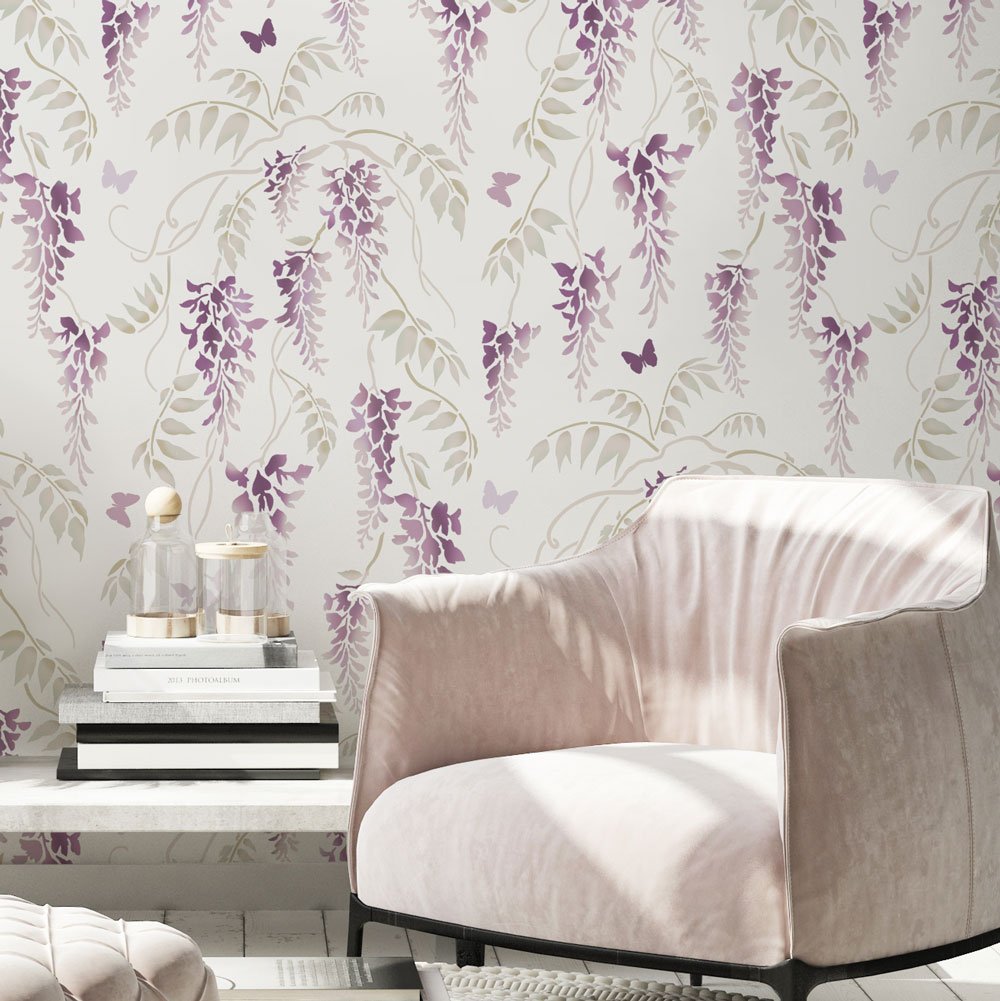 purple wisteria and butterflies wall stencil design white walls livingroom