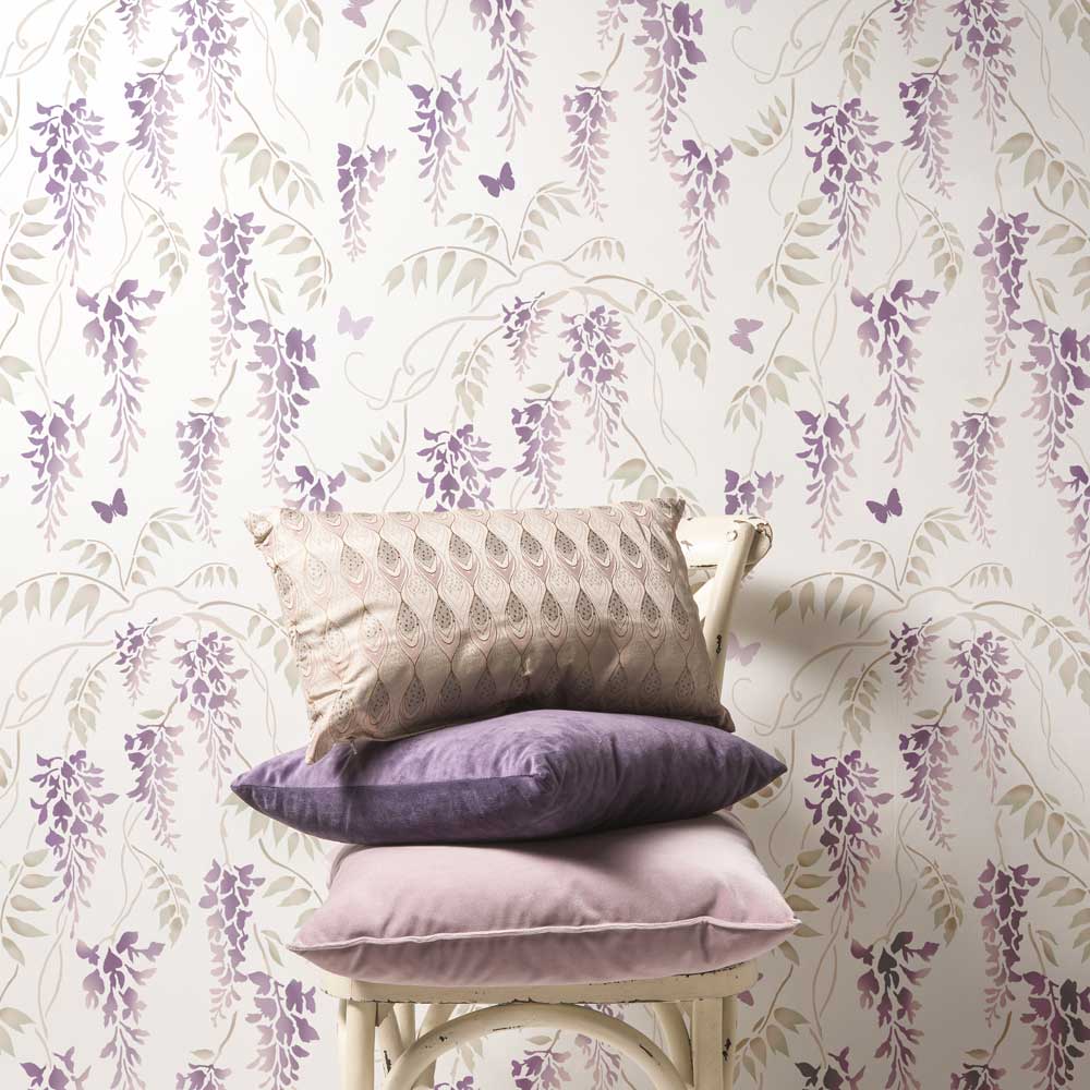 purple pillows wisteria and butterflies allover design floral stencil walls