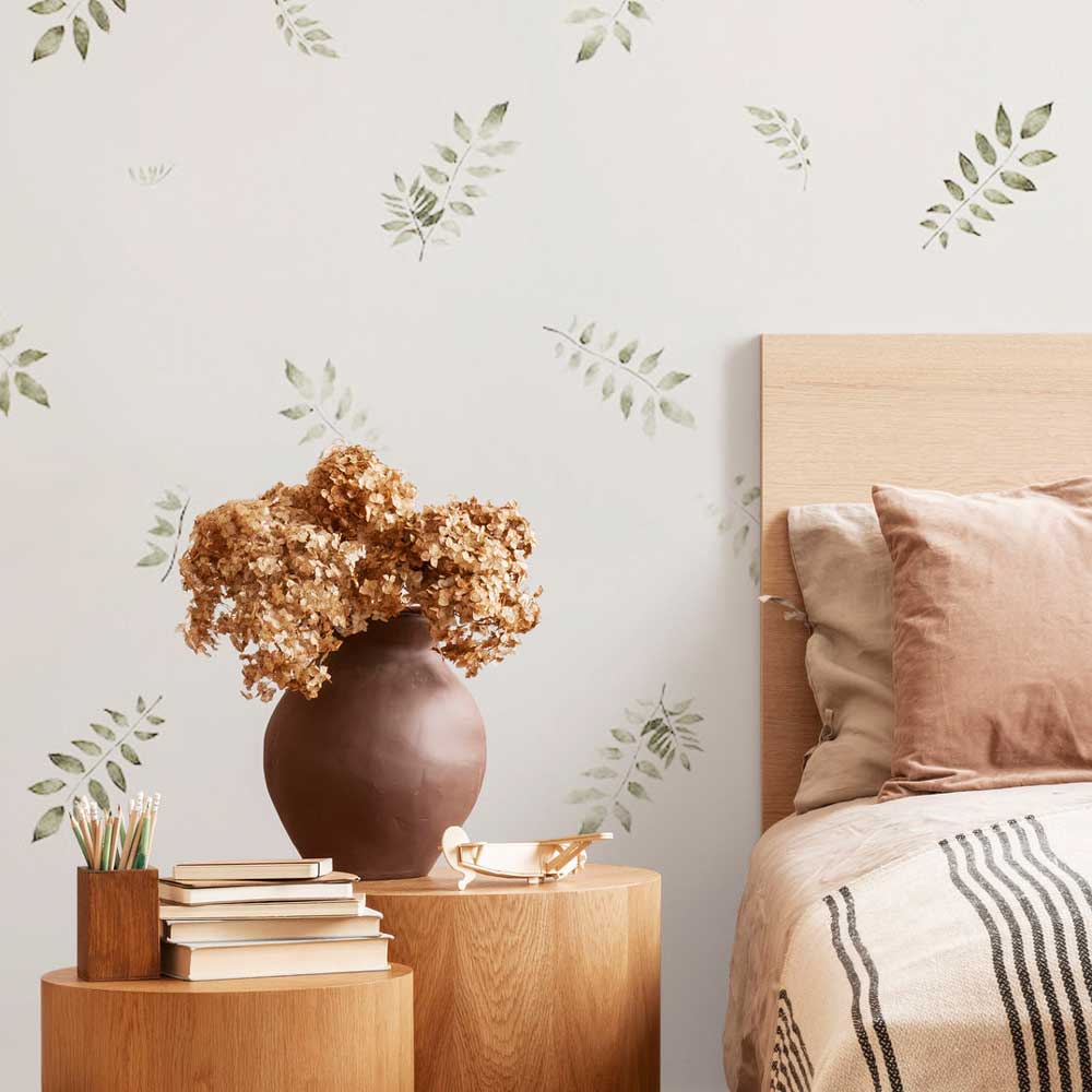 wistiera green watercolor bedroom wall