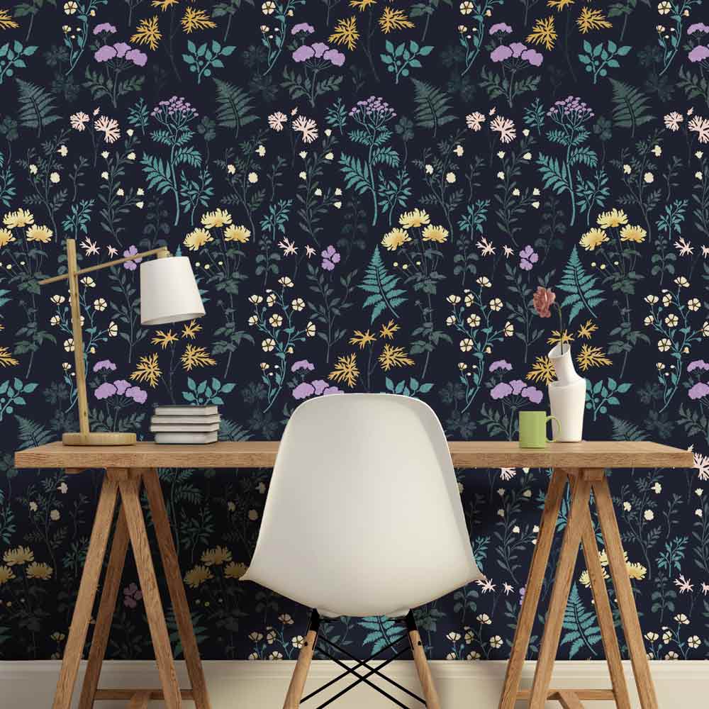 wood botanical floral wall stencil pattern on home office accent wall